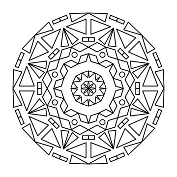 Geometric mandala with black lines, circular shape, for coloring book, decoration, tattoo, wallpaper, card, sticker, vector illustration.