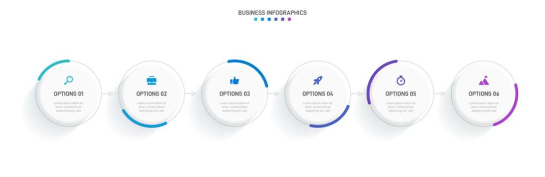 Timeline infographic with infochart. Modern presentation template with 6 spets for business process. Website template on white background for concept modern design. Horizontal layout.