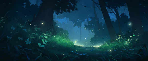 Fotobehang Forest Night Starry Sky Fairy Tale Adventure Full moon fireflies © Anatoly Shapoval