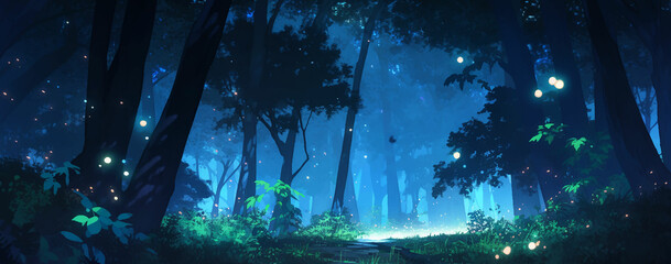 Forest Night Starry Sky Fairy Tale Adventure Full moon fireflies