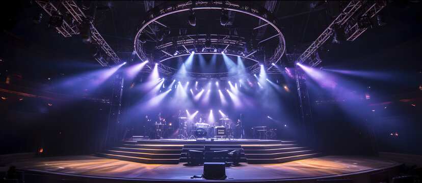 Live stage production with a circular light truss, in a center stage type live venue. Stage rigging equipment and PA systems being carried in. Dj, electronic music type setting.