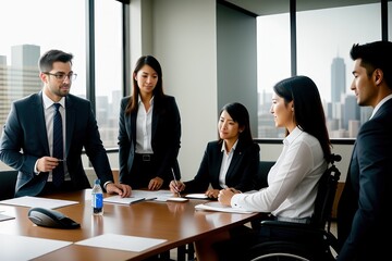 Disabled businesswoman with documents in conference room during meeting in modern office. Asian manager sitting in wheelchair brainstorming project with diverse colleagues