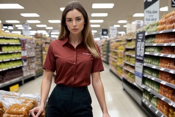 young attractive salesgirl standing near fresh fruits and vegetables in grocery store, dressed in red shirt. Attractive blondie working in a supermarket