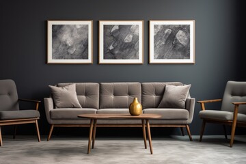 Mid-century home interior of cute modern living room. Dark grey sofa and chair against grey wall with three art frames