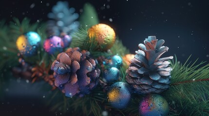 Obraz na płótnie Canvas Christmas tree branches with luminous garlands, pine cones and balls. Christmas lights. Christmas or New Year decor. Party decor. Illustration for banner, poster, cover, brochure or presentation.