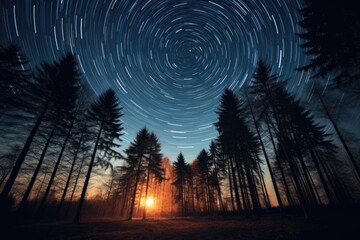 Star trails over a dark forest, swirling in the night sky.