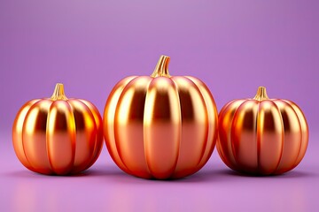 Glossy and Shiny 3D Render of Gold and Orange Pumpkins on Pastel Purple Background - Illustration of Beautiful Three-Dimensional Pumpkins