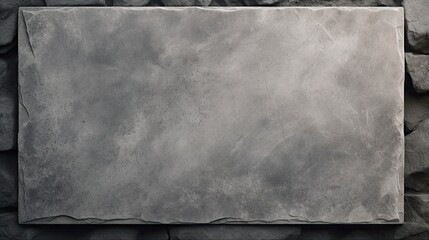 Stone Tablet on Gray Concrete Wall. Marble Cement Surface with Space for Text. Textured Background with Signs and Tile - obrazy, fototapety, plakaty