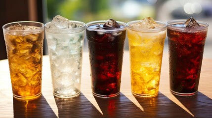 Carbonated Beverage Collection in Colorful Plastic Cups. Closeup of Different Bubbly Drinks, including Coke, in Cafes and Restaurants