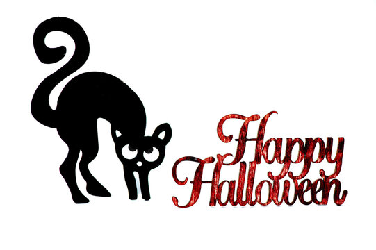 Hppy Halloween cat and sign isolated on a white background.
