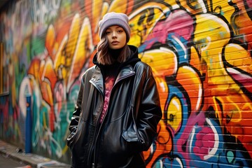Fototapeta na wymiar a woman wearing jacket with graffiti wall behind, female street fashion portrait, Generative Ai