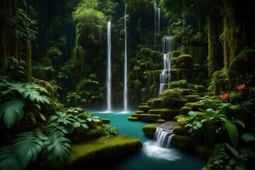 Generate a lush, tropical rainforest with vibrant flora and a cascading waterfall