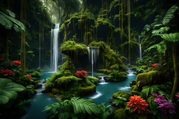 Generate a lush, tropical rainforest with vibrant flora and a cascading waterfall