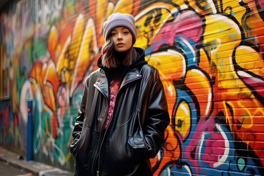a woman wearing jacket with graffiti wall behind, female street fashion portrait, Generative Ai
