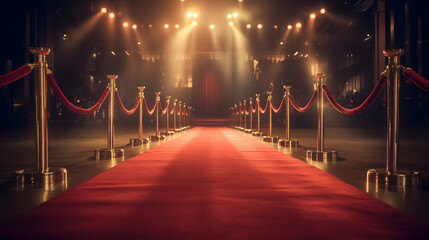 Red carpet rolling out in front of glamorous movie premiere background