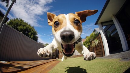 Jack Russel Parson Dog Run Toward The Camera Low Angle High Speed Shot - obrazy, fototapety, plakaty
