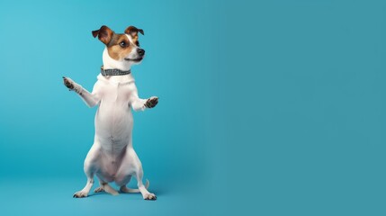Jack russell trick. Dog sitting on hind legs begging behaviour. Isolated on blue background