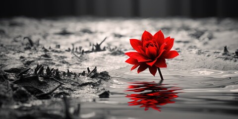 close up one red flower grow from cracked muddy earth ground, generative Ai