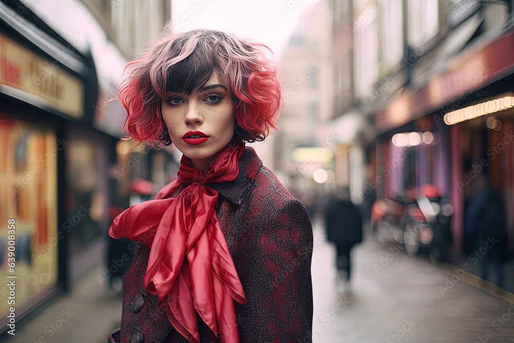 Wall mural artistic woman street fashion portrait, pretty girl walking in urban city street, red black print sh