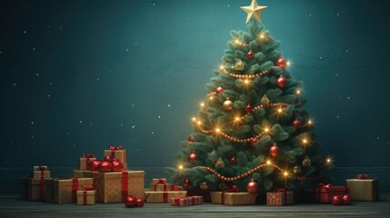 New Year's tree decorated with New Year's balls and garlands in the interiors with gifts