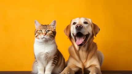 Labrador retriever dog panting and ginger cat sitting in front of dark yellow background