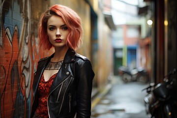 Obraz na płótnie Canvas artistic woman street fashion portrait, pretty girl walking in urban city street, black leather jacket, Generative Ai