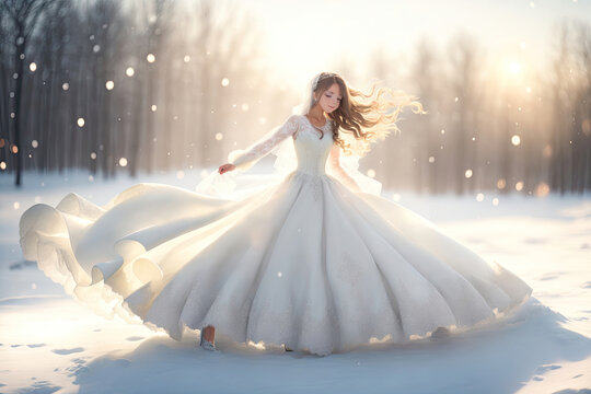a girl in a chic wedding dress spinning in a snow. ai generative