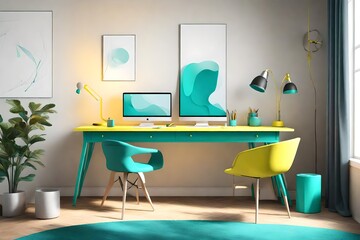 a sleek and modern 3D home office desk setup with a burst of energetic colors.