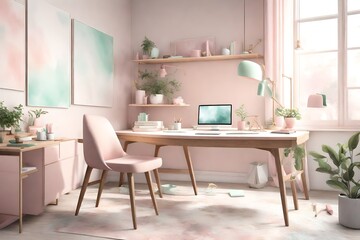 Fototapeta na wymiar a serene and productive 3D home office desk space with pastel hues.