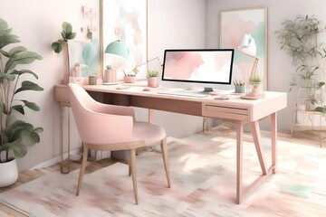  a serene and productive 3D home office desk space with pastel hues.