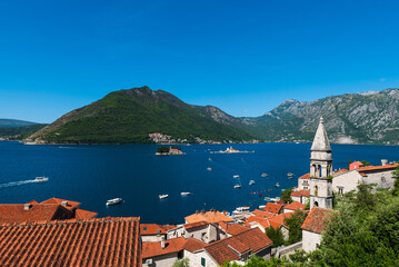 Naklejka na ściany i meble View from the medieval town Perast on the bay of Kotor with 2 small islands, Gospa od Škrpjela and Sveti Đorđe, Montenegro