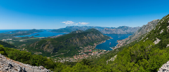 Fototapeta na wymiar Panoramic view on the beautiful bay of Kotor lying between the mountains at the Adriatic seacoast, Montenegro