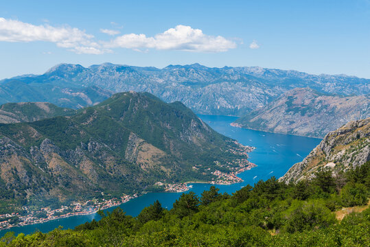 Panoramic view on the beautiful bay of Kotor lying between the mountains at the Adriatic seacoast, Montenegro