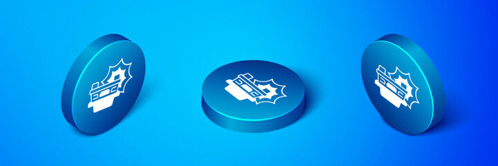 Isometric Car accident icon isolated on blue background. Insurance concept. Security, safety, protection, protect concept. Blue circle button. Vector