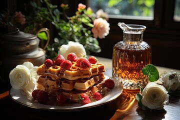 Sunny morning, golden waffles with strawberries and whipped cream in rustic garden., generative IA