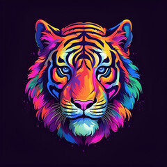 tiger icon on a black background. Illustration, AI generation. colorful print, predator's muzzle.