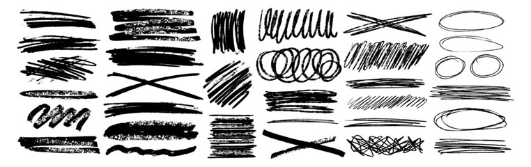 Grunge scrawls, charcoal scribbles, rough brush strokes, underlines and circles. Bold charcoal freehand stripes and ink shapes. Crayon or marker scribbles. Vector illustration  - obrazy, fototapety, plakaty