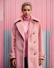 A woman in a pink coat. Pink clothes