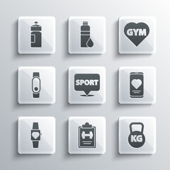 Set Sport training program, Kettlebell, Mobile with heart rate, Location gym, Smartwatch, Fitness shaker and icon. Vector
