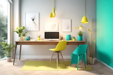 a sleek and modern 3D home office desk setup with a burst of energetic colors.