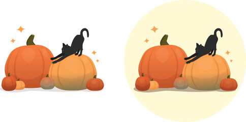 Black cat and pumpkins, Halloween autumn illustration