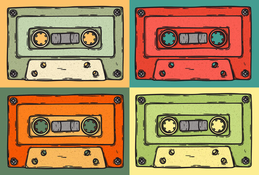 Retro audio cassette 80s, 70s, 60s music sound tape, hand drawn vector colorful background