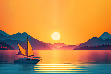 Naklejka premium sunset on the lake in the mountains. ai generative