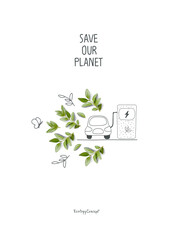 Environmentally friendly planet concept. Green sprouts leaves and a sketch of electro car on Car Charging Station. Think Green. Alternative energy concept.Transparent png.
 
