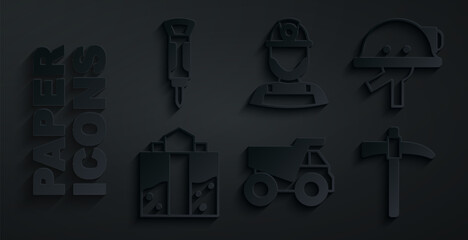 Set Mining dump truck, Miner helmet, entrance, Pickaxe, and Construction jackhammer icon. Vector © Kostiantyn