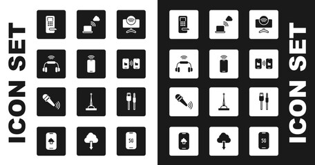 Set Smart Tv system, Mobile with wi-fi wireless, headphones, Digital door lock, Data transfer and storage, Network cloud connection, USB cable cord and Wireless microphone icon. Vector
