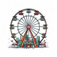A cartoon illustration of a fairground Ferris wheel. Generative AI.