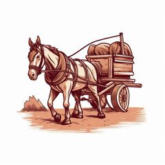 A cartoon illustration of a mule couple pulling a cart. Generative AI.