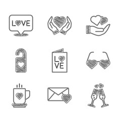 Set Valentines day party flyer, Envelope with heart, Glass of champagne, Heart shaped love glasses, Coffee cup and, Please do not disturb, hand and Love text icon. Vector