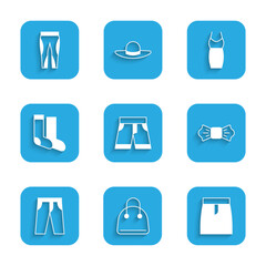 Set Short or pants, Handbag, Skirt, Bow tie, Pants, Socks, Woman dress and Leggings icon. Vector